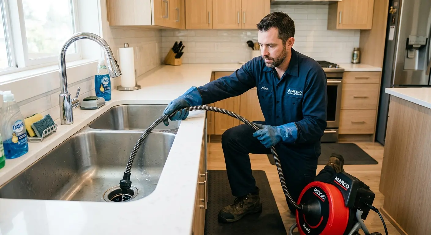 Drain cleaning technician using a motorized snake on a kitchen sink in Ulster