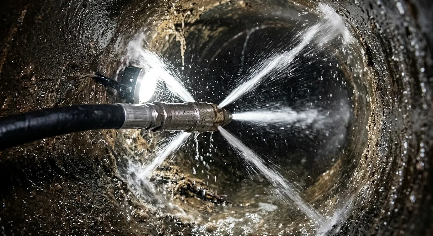 High-pressure hydro jetting nozzle cleaning sewer pipe for Emergency Drain Service in Ulster