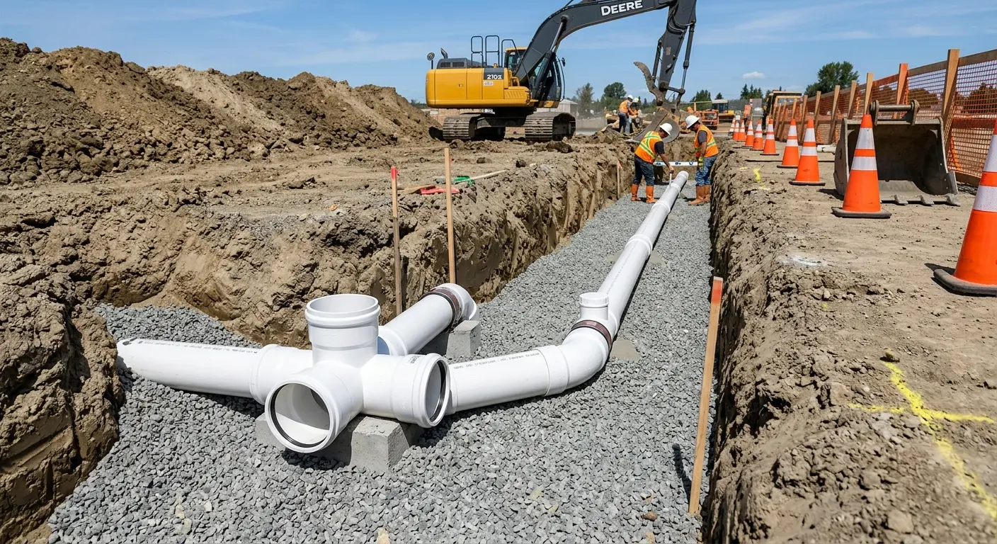 New PVC sewer pipe installation in open trench for Commercial Drain Cleaning in Ulster