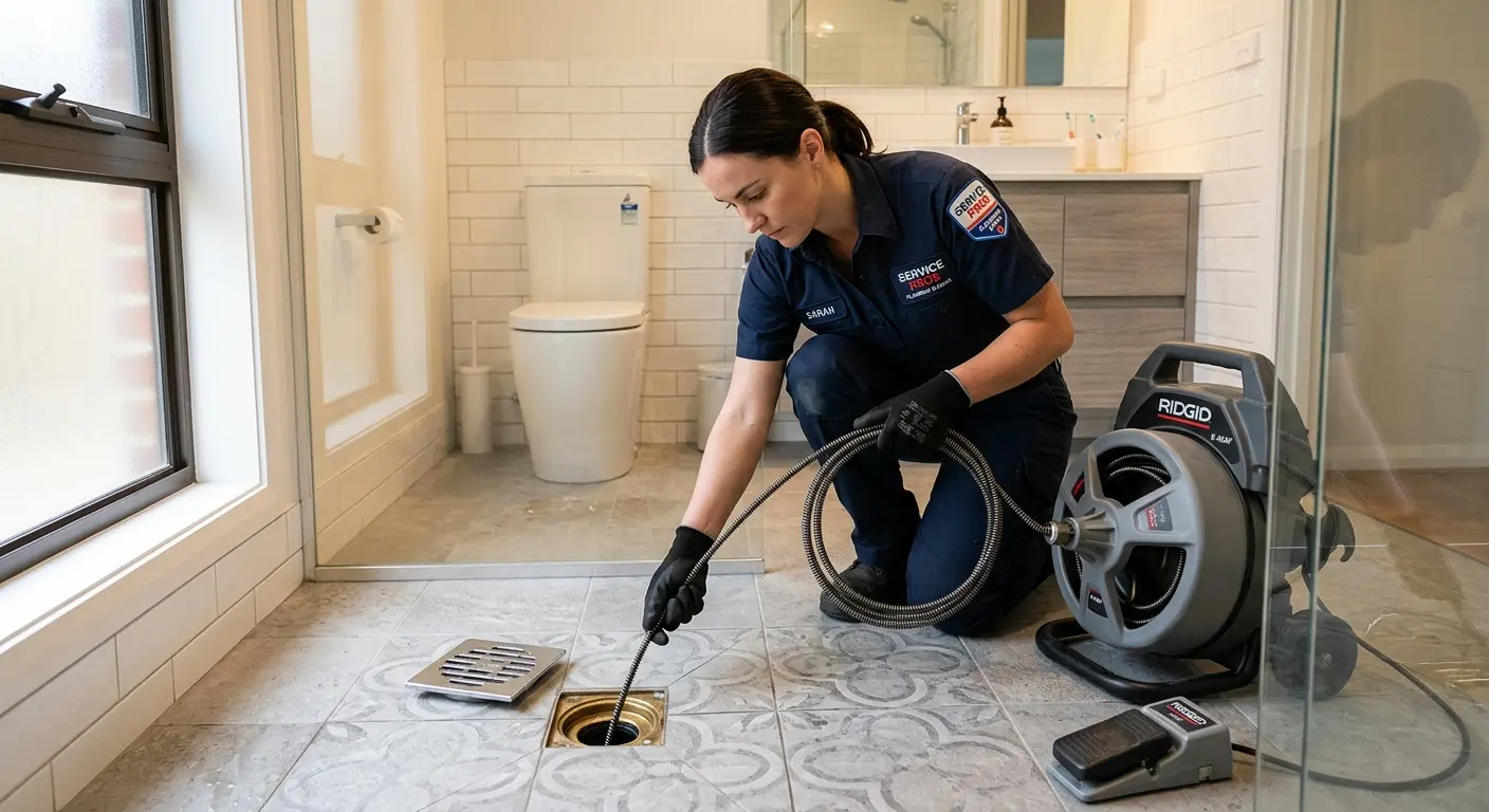 Technician clearing a bathroom floor drain for Drain Repair in Ulster